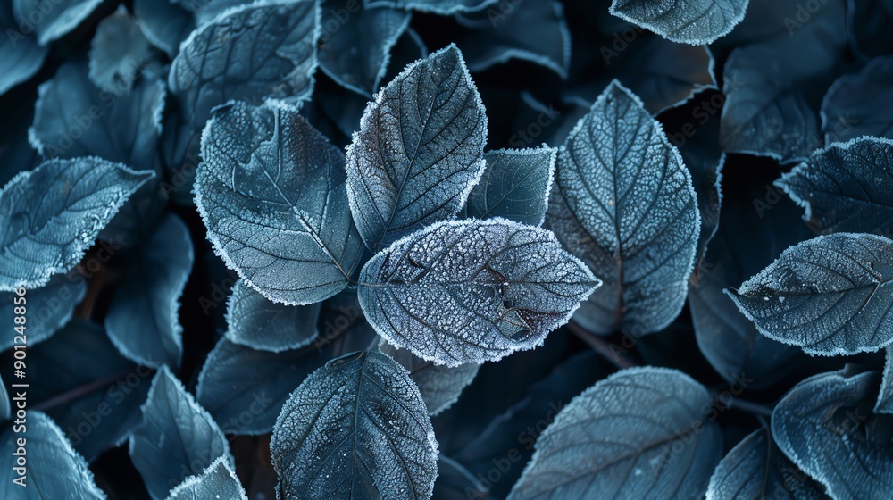 Obraz premium Close-up of blue leaves with a frosty texture. Abstract natural background. Perfect for nature, winter, or cool tones concepts.