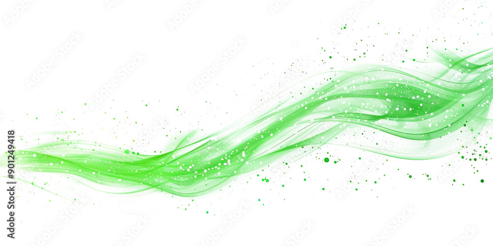 abstract green trail of light with dynamic flow and sparkles isolated on transparent background