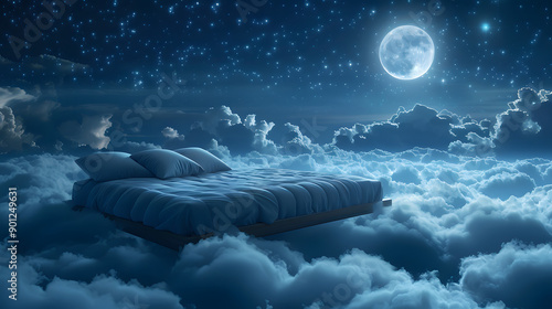 A cozy bed floating in a cloudscape under a starry night sky and full moon, creating a dreamy and surreal atmosphere. The scene evokes tranquility and imagination, perfect for themes of sleep and fant photo