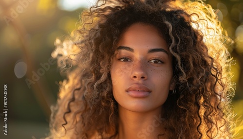 Portrait of Young Woman with Curly Hair, Soft Sunlight, Serene Expression, Outdoor Setting