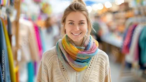 Smiling woman in a colorful scarf, showcasing warmth and joy at a vibrant market atmosphere, perfect for lifestyle themes.