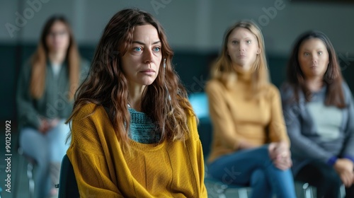 Reflective support group setting with a depressed woman sitting pensively, three other women in the background