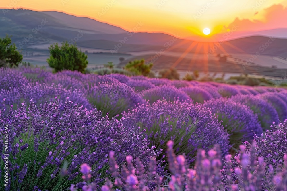 Naklejka premium Lavender Field at Sunset with a Mountain Range in the Background