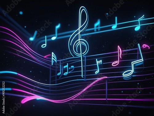 Abstract neon light music notes, glowing space background wallpaper