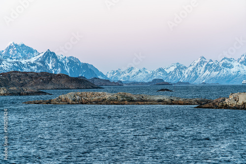 sea and village view from henningsvar lofoten norway photo