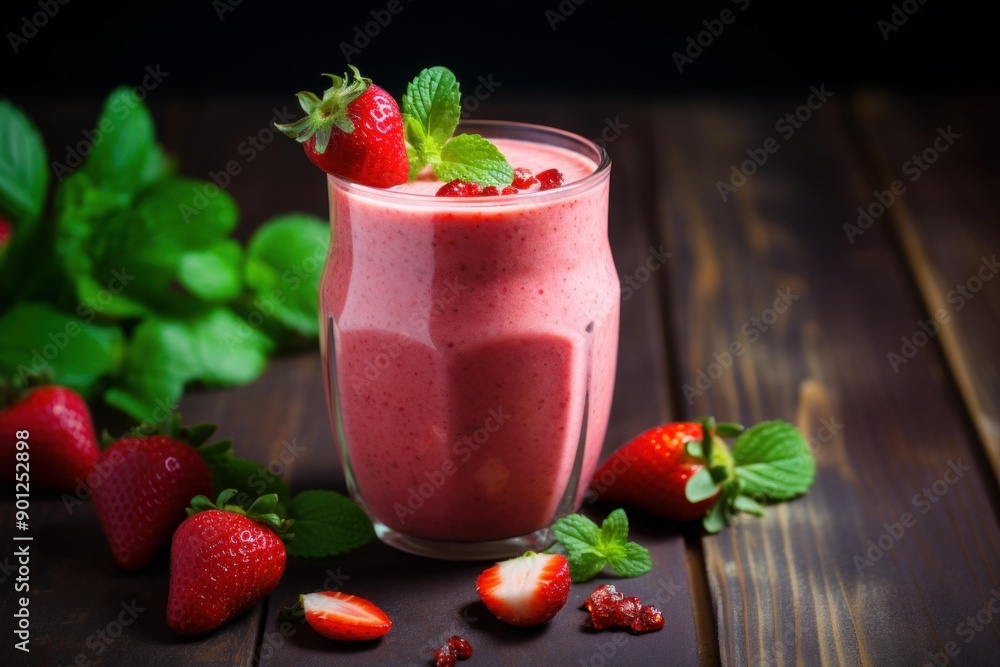 Delicious strawberry smoothie garnished with fresh berries and mint on a wooden table Delicious strawberry smoothie garnished with fresh berries and mint on a wooden table