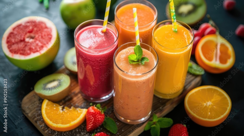 Colorful fresh smoothies in glasses with fruits like kiwi, orange, strawberry, and grapefruit, served with straws on a wooden board. Colorful fresh smoothies in glasses with fruits like kiwi, orange, strawberry, and grapefruit, served with straws on a wooden board.