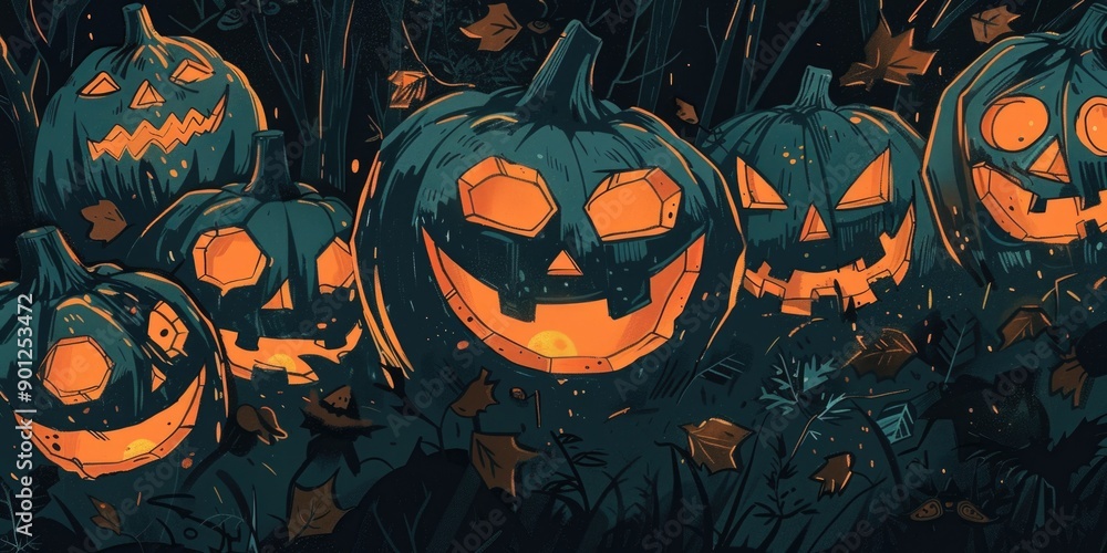 A group of Halloween pumpkins illuminated in the dark, perfect for spooky decorations and autumn-themed designs A group of Halloween pumpkins illuminated in the dark, perfect for spooky decorations and autumn-themed designs