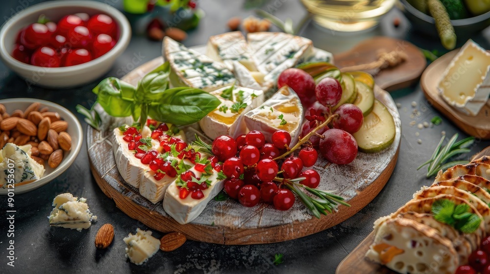 A stylish cheese platter with fresh grapes, cherries, nuts, and herbs, perfect for gourmet dining and wine pairing. A stylish cheese platter with fresh grapes, cherries, nuts, and herbs, perfect for gourmet dining and wine pairing.
