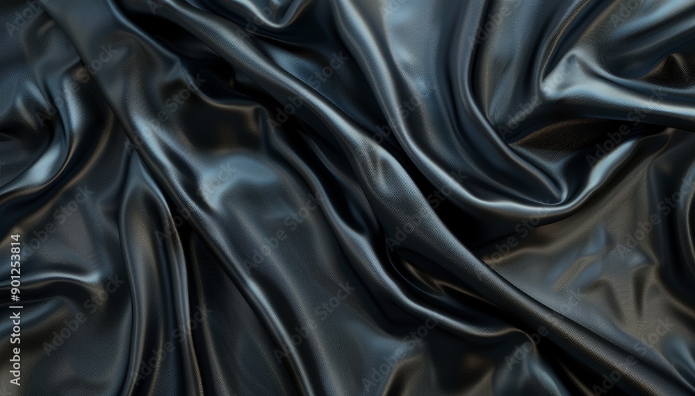 Fototapeta premium Smooth Elegant Flowing Black Satin Fabric with Soft Creases, Dark Background, Copy Space