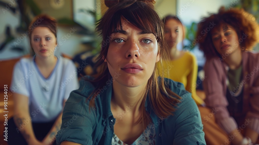 Woman in a support group meeting, looking depressed and pensive, with three other women in the background, conveying a reflective mood Woman in a support group meeting, looking depressed and pensive, with three other women in the background, conveying a reflective mood
