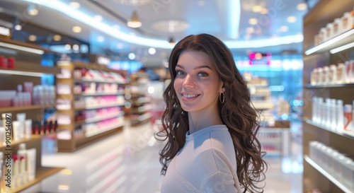 Friendly Smiling Woman in Casual Attire Inside Well-Lit Cosmetic Store