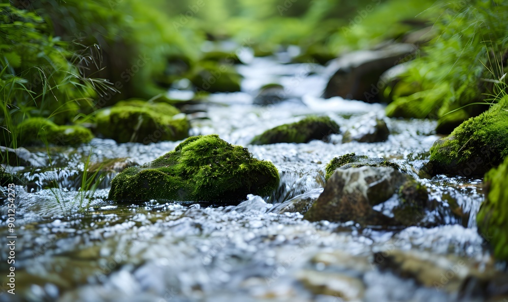 A calm stream flows through a lush forest, Generative AI