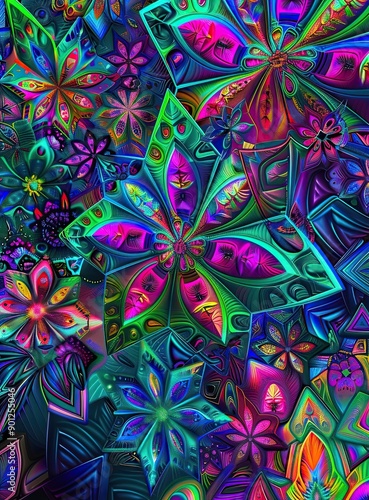 Abstract Psychedelic Floral Pattern in Vibrant Colors photo