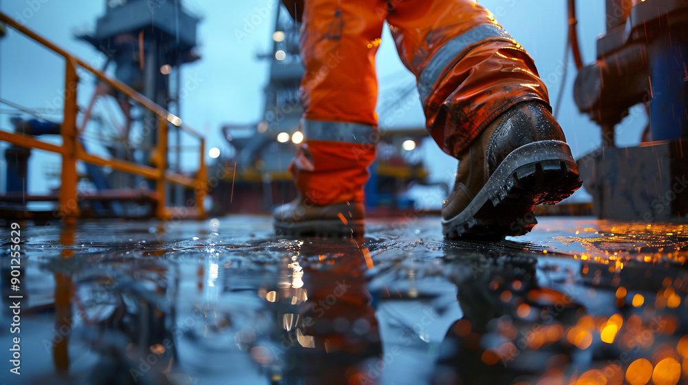 Close up oil worker in orange safety gear walking on a wet platform, reflective lights and puddles, industrial setting, focus on resilience and safety Close up oil worker in orange safety gear walking on a wet platform, reflective lights and puddles, industrial setting, focus on resilience and safety