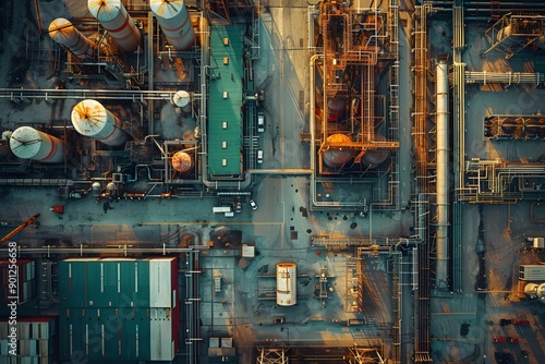 Aerial View of an Industrial Complex with Pipelines and Storage Tanks © Valentin