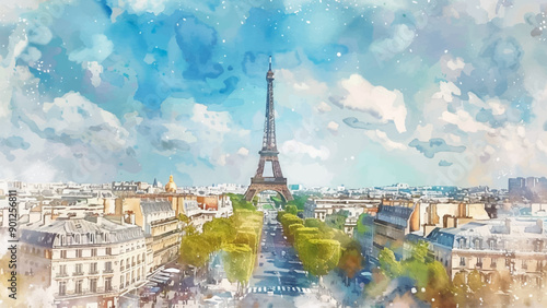 Eiffel Tower City View parIllustration Background Paris France Landmark Cityscape Iconic Architecture, Tourism vector scene
