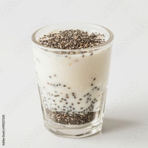 chia seeds in yogurt on white background.