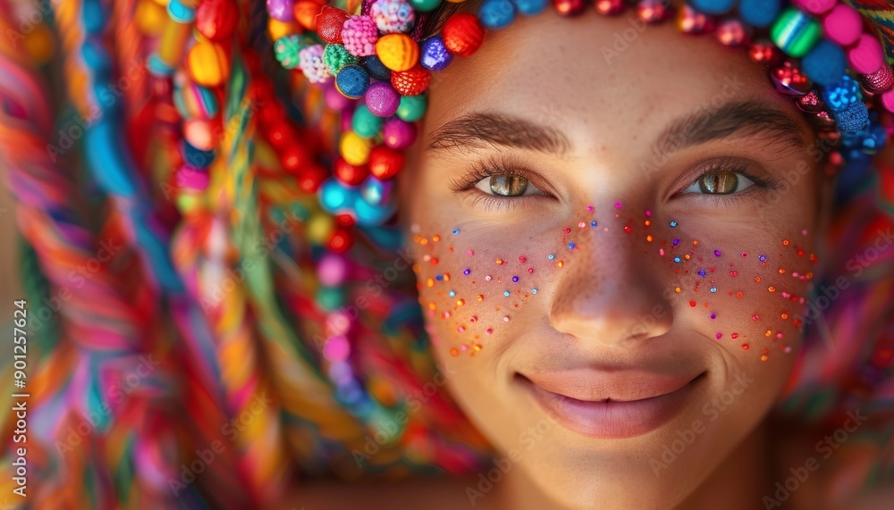 Obraz premium Vibrant Portrait of Joyful Girl with Colorful Beads in Hair, Cultural Diversity Concept