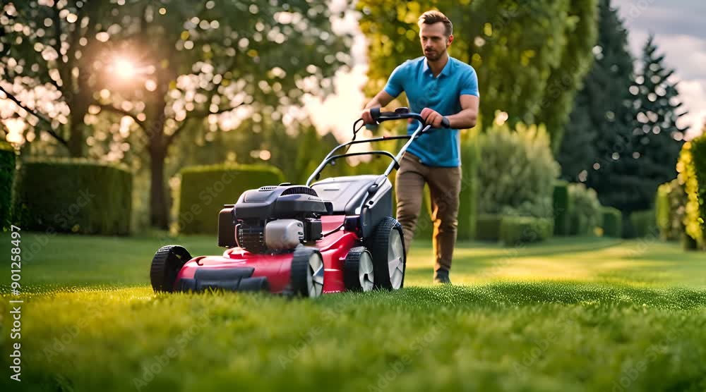 Man Mowing Lawn with Electric Mower in Backyard Man Mowing Lawn with Electric Mower in Backyard