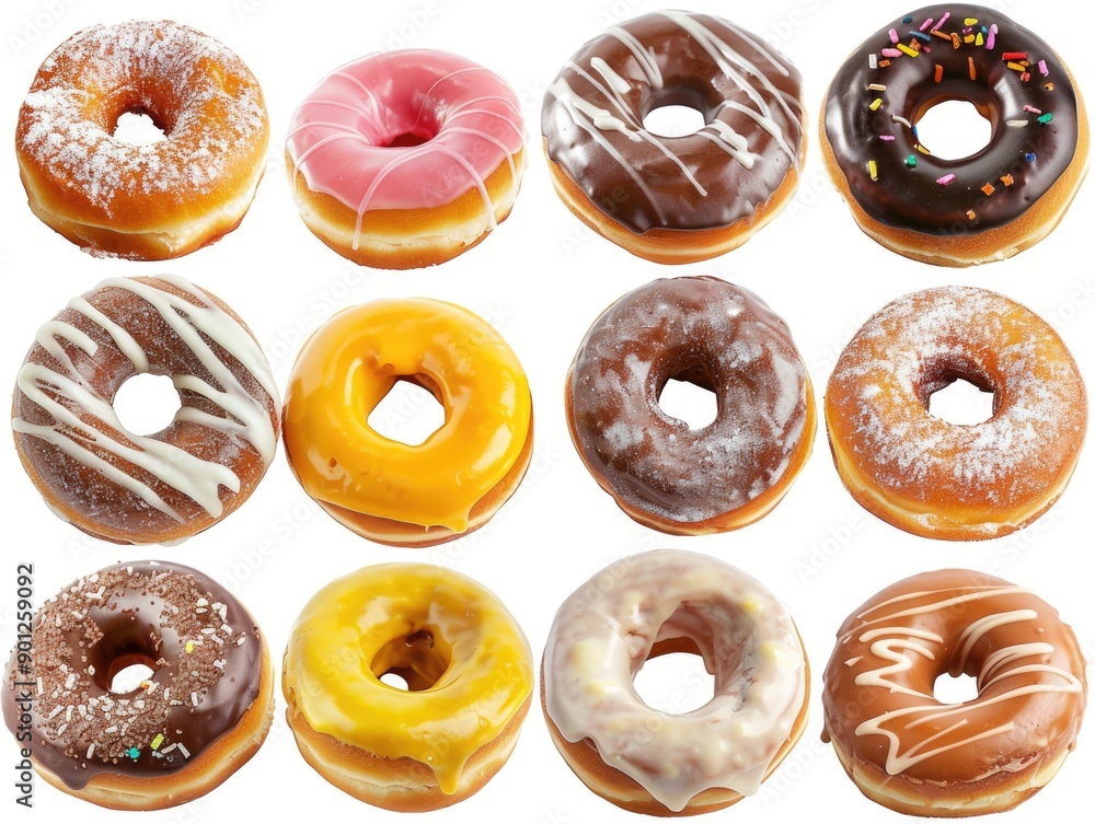 Freshly baked doughnuts with various toppings, ideal for bakery displays or food blogs Freshly baked doughnuts with various toppings, ideal for bakery displays or food blogs