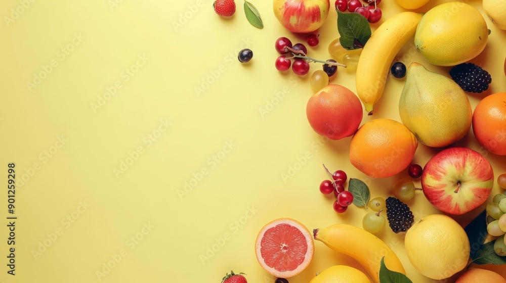 fruits on yellow background with space for text. fruits on yellow background with space for text.