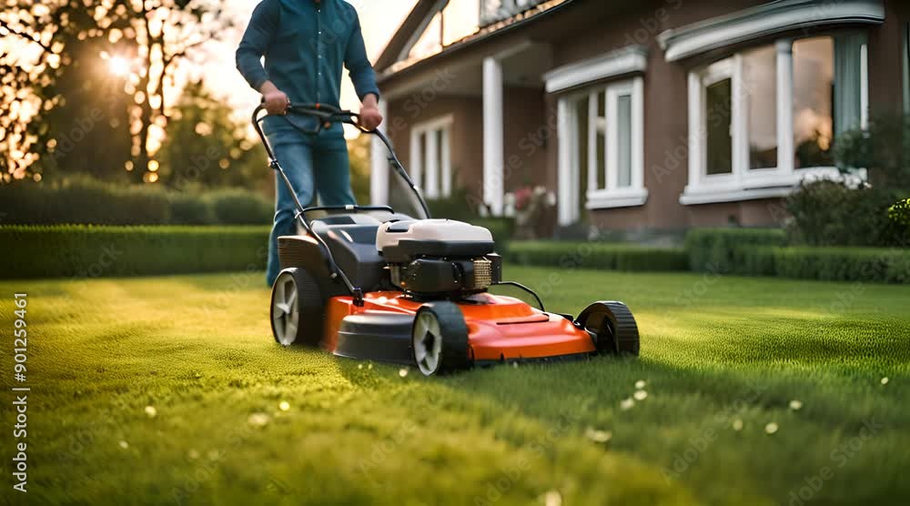 Man Mowing Lawn with Electric Mower. Full-Length View Man Mowing Lawn with Electric Mower. Full-Length View