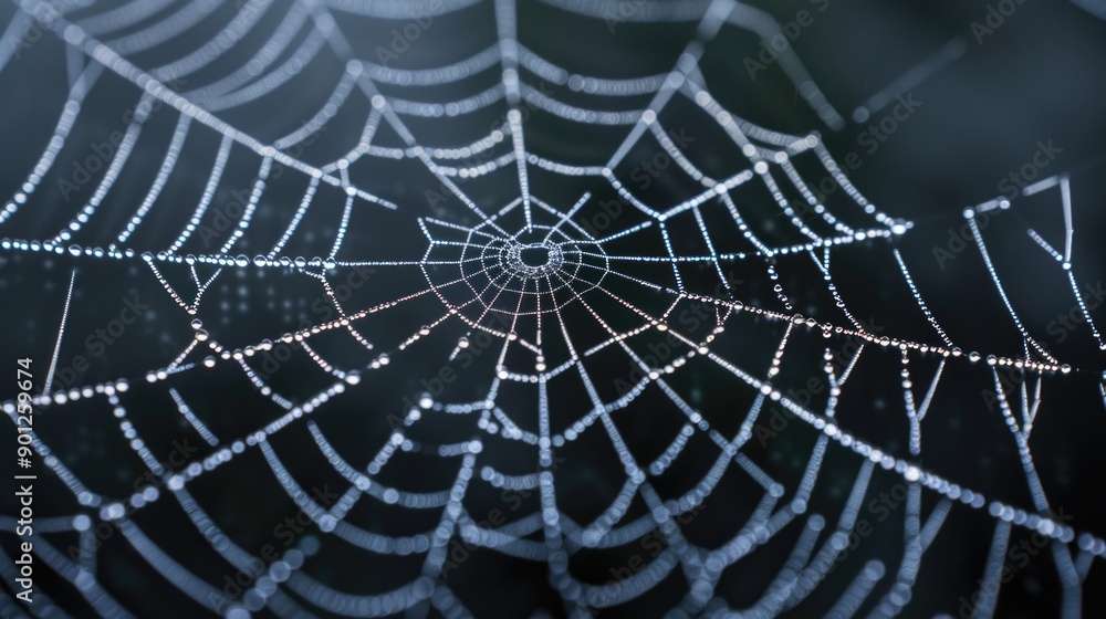 A spider web covered with small water droplets A spider web covered with small water droplets