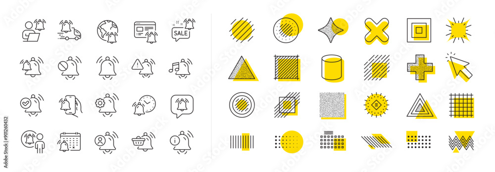 Alarm Clock, Calendar Reminder, Notification Bell. Design shape elements. Notification line icons. User Message Alarm, Phone ring, Sale offer line icons. Vector Alarm Clock, Calendar Reminder, Notification Bell. Design shape elements. Notification line icons. User Message Alarm, Phone ring, Sale offer line icons. Vector