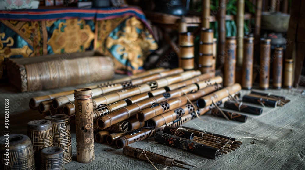 A collection of bamboo flutes and other instruments in a traditional setting A collection of bamboo flutes and other instruments in a traditional setting