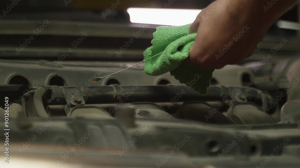 A hand holds a yellow dipstick and inserts it into a car engine to check the oil level. The engine is open, and the dipstick is inserted into the engine block A hand holds a yellow dipstick and inserts it into a car engine to check the oil level. The engine is open, and the dipstick is inserted into the engine block