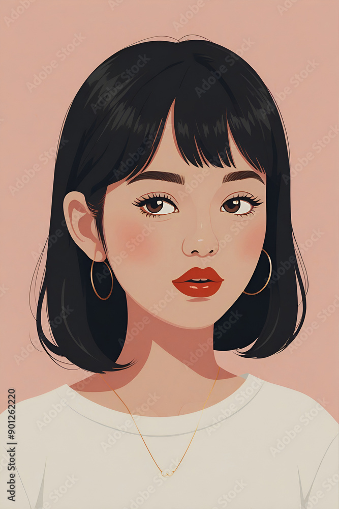 Illustration of a close-up of a young woman with short hair in a t-shirt Illustration of a close-up of a young woman with short hair in a t-shirt