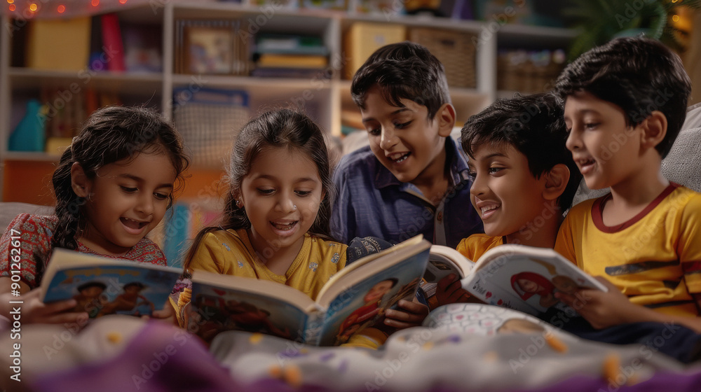 indian children group reading story book at home indian children group reading story book at home