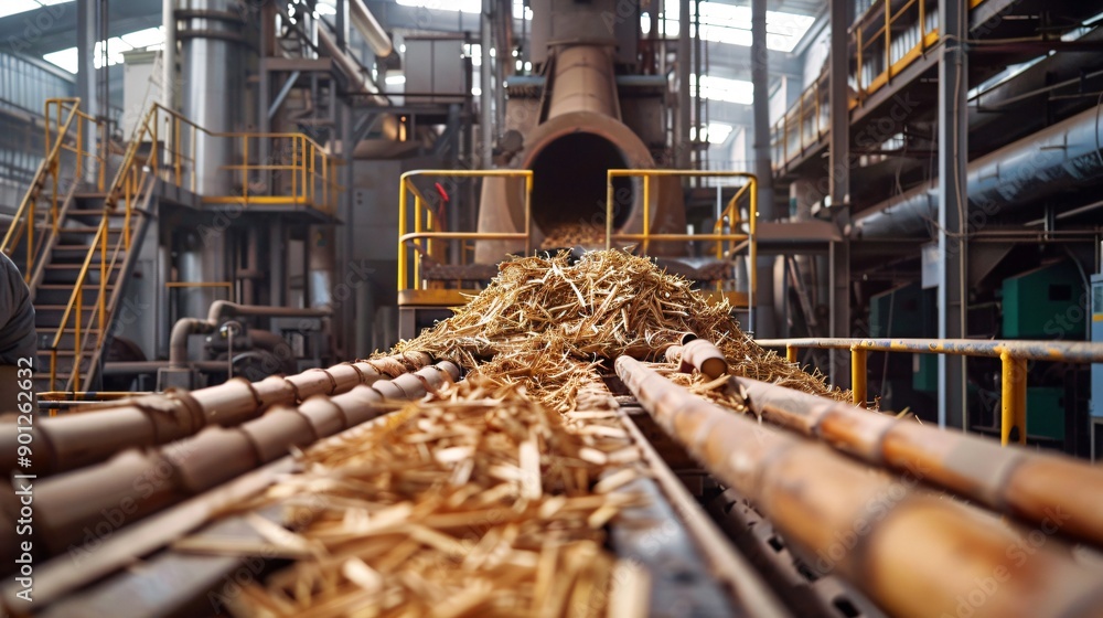 A state-of-the-art bioenergy plant with bamboo being processed into biofuel A state-of-the-art bioenergy plant with bamboo being processed into biofuel