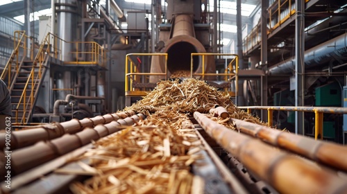 A state-of-the-art bioenergy plant with bamboo being processed into biofuel photo