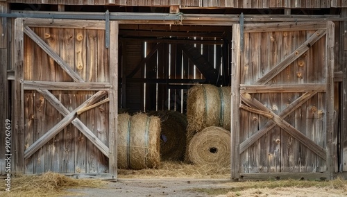 Barn Door Opening to Stacked Hay Bales photo