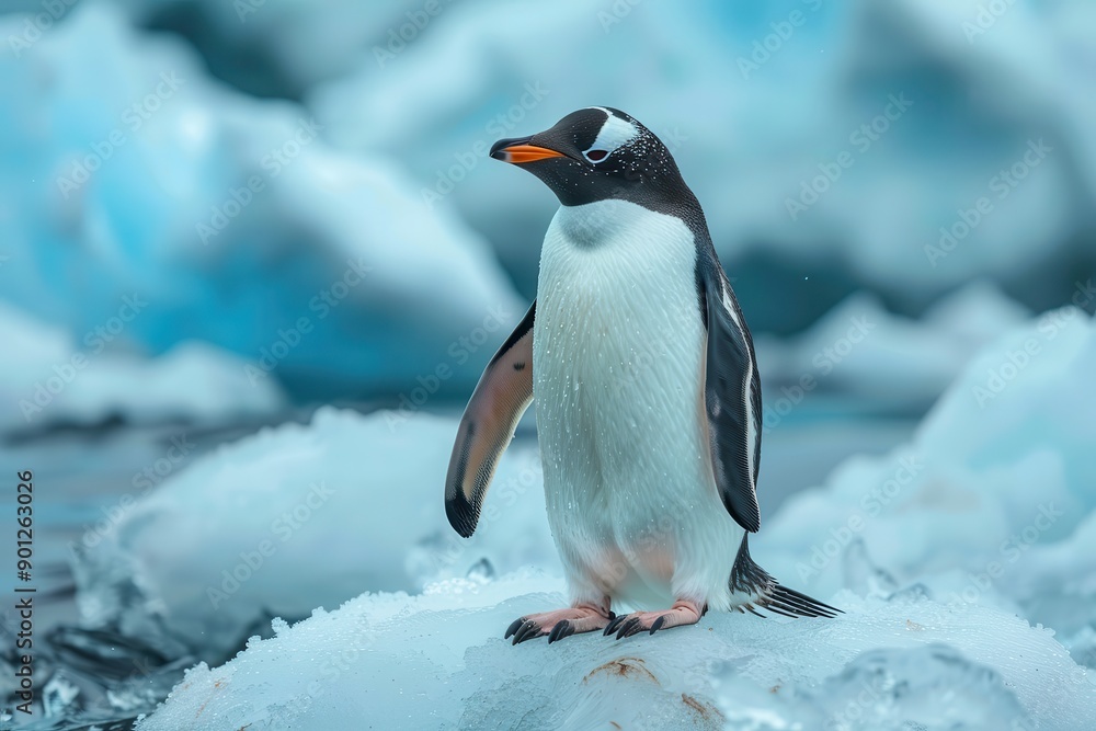 Obraz premium Penguin amidst a melting polar ice landscape.