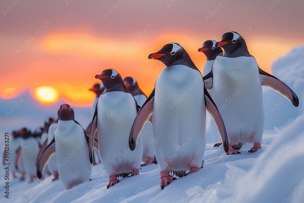 Obraz premium Penguin amidst a melting polar ice landscape.