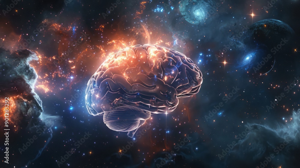 glowing brain against space. glowing brain against space.