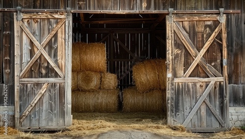 Barn Door Opening to Stacked Hay Bales photo