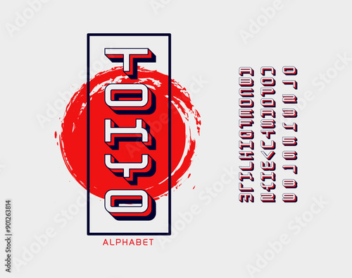 Asian font and alphabet from English letters and numbers. Modern Asian vector alphabet or typeface in Japanese, Chinese and Korean oriental styles.