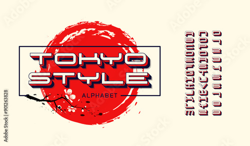 Asian font and alphabet from English letters and numbers. Modern Asian vector alphabet or typeface in Japanese, Chinese and Korean oriental styles.