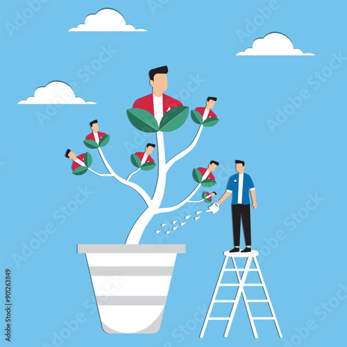 Career growth development, human resources motivate talent for job promotion, growing employee, improvement or manager support concept, businessman manager pouring water to growing employee seedling