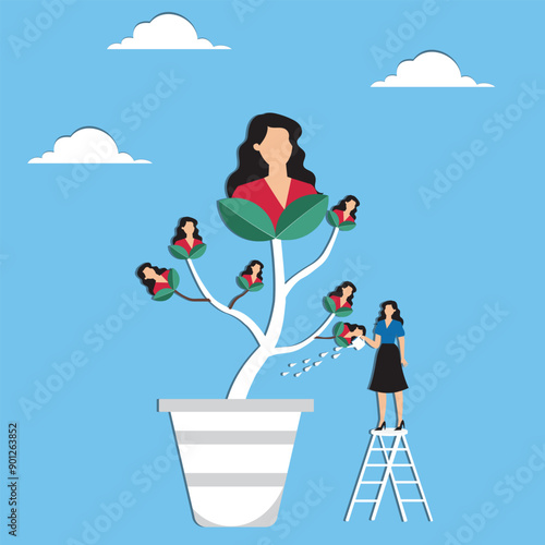 Career growth development, human resources motivate talent for job promotion, growing employee, improvement or manager support concept, businesswoman manager pouring water to growing employee seedling
