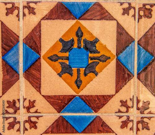 Detail of the traditional tiles from facade of old house. Decorative tiles.Portuguese traditional tiles.
