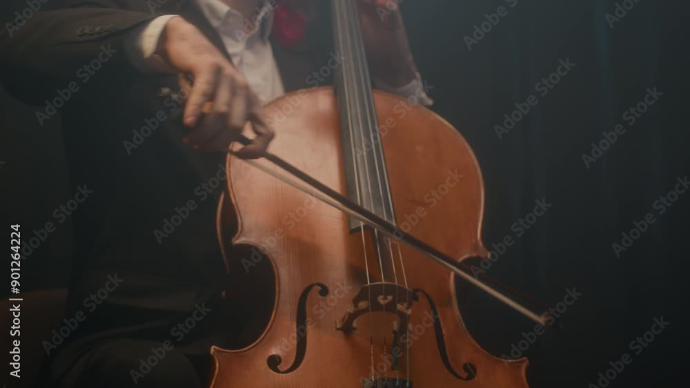 Cropped shot of Caucasian group of classical male and female musicians playing string instruments during concert on stage indoors Cropped shot of Caucasian group of classical male and female musicians playing string instruments during concert on stage indoors
