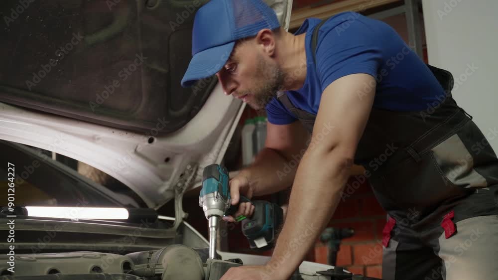 A mechanic works on a car engine in a garage. He is using a power tool to tighten bolts and screws. The mechanic is wearing work overalls and a blue baseball cap A mechanic works on a car engine in a garage. He is using a power tool to tighten bolts and screws. The mechanic is wearing work overalls and a blue baseball cap
