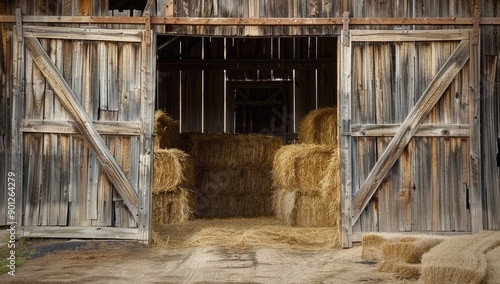 Rustic Barn Interior with Hay Bales photo