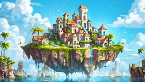 Floating Island City Cartoon Environment Adventure Mobile Game Fantasy Architecture Futuristic Skyline Imaginary World Illustration Magical Floating Islands Urban Exploration