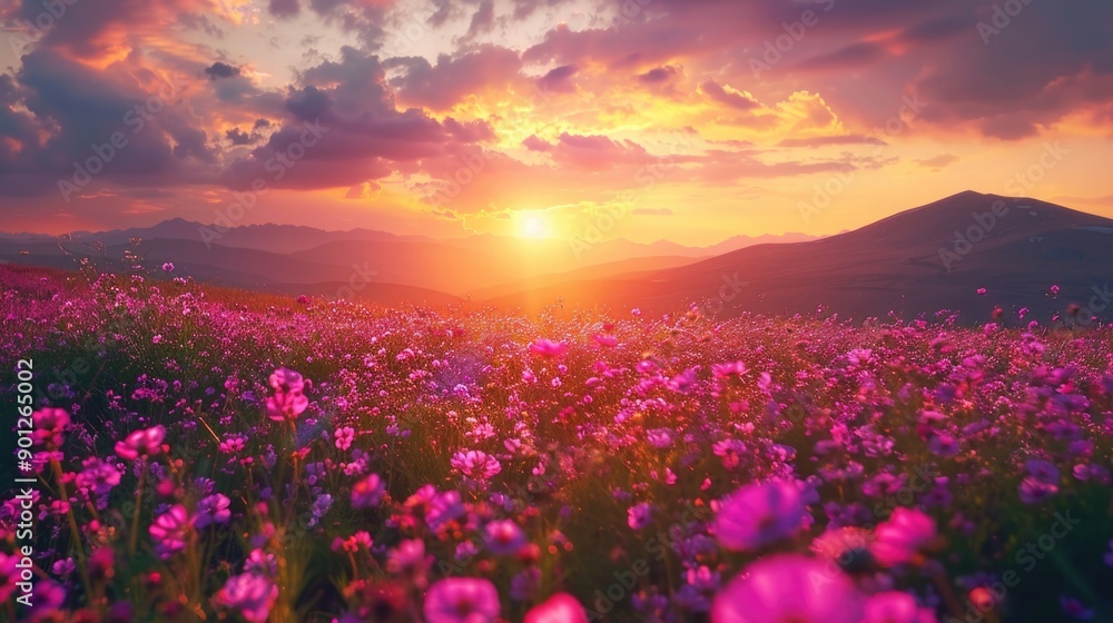 Obraz premium A picturesque scene of a field of flowers with the sun setting in the background